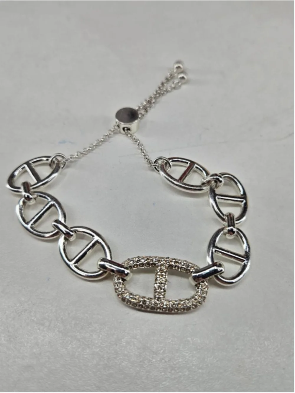 Bomb Party Bracelet Mariner Link CZ Crystal Accent Adjustable Silvertone Chain